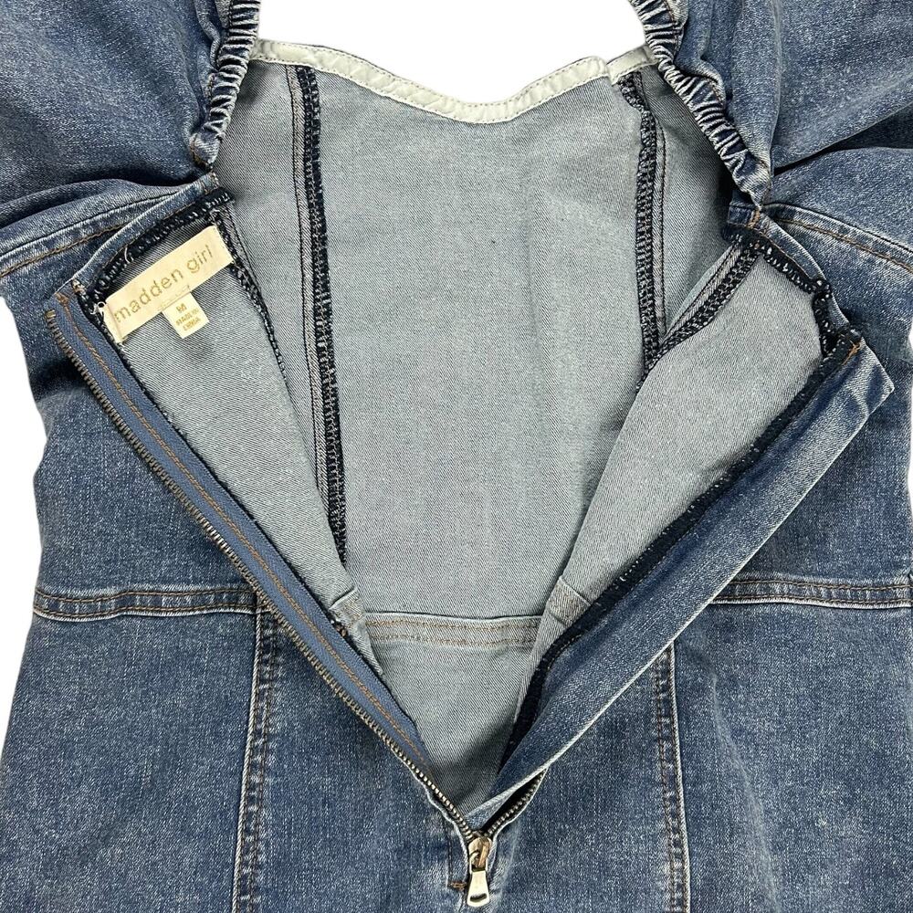 Madden Girl Sz M Jean Denim Mini Puff Sleeve Dress Sweetheart Neckline Zip Up - Picture 7 of 12